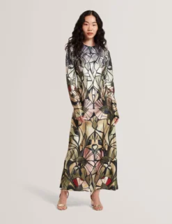 Satin-Midikleid mit Spiegelprint, langen Ärmeln