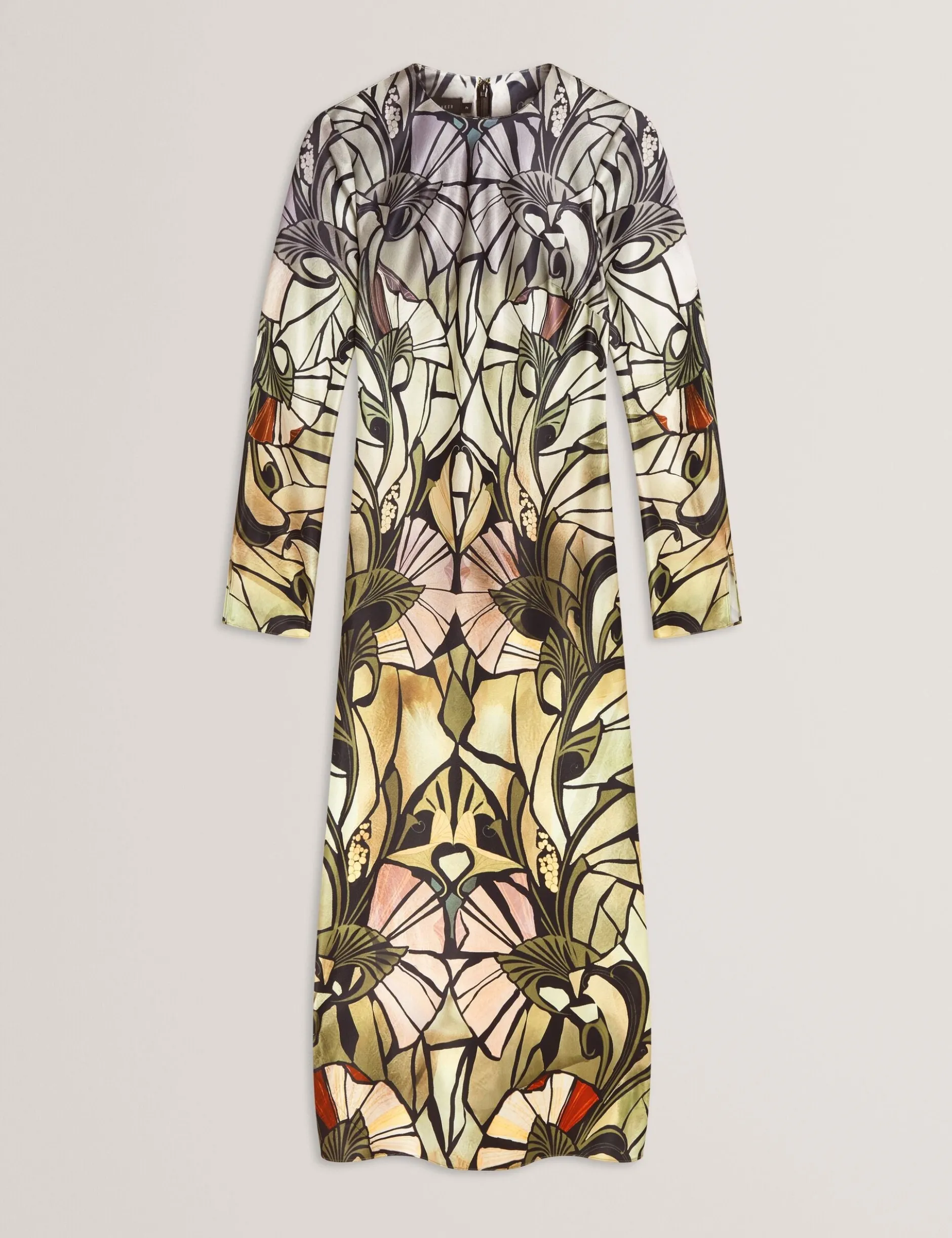 Satin-Midikleid mit Spiegelprint, langen Ärmeln