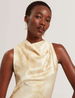 Satin-Midikleid mit Spitzenprint, Wasserfallausschnitt und Spitzenbedruckung