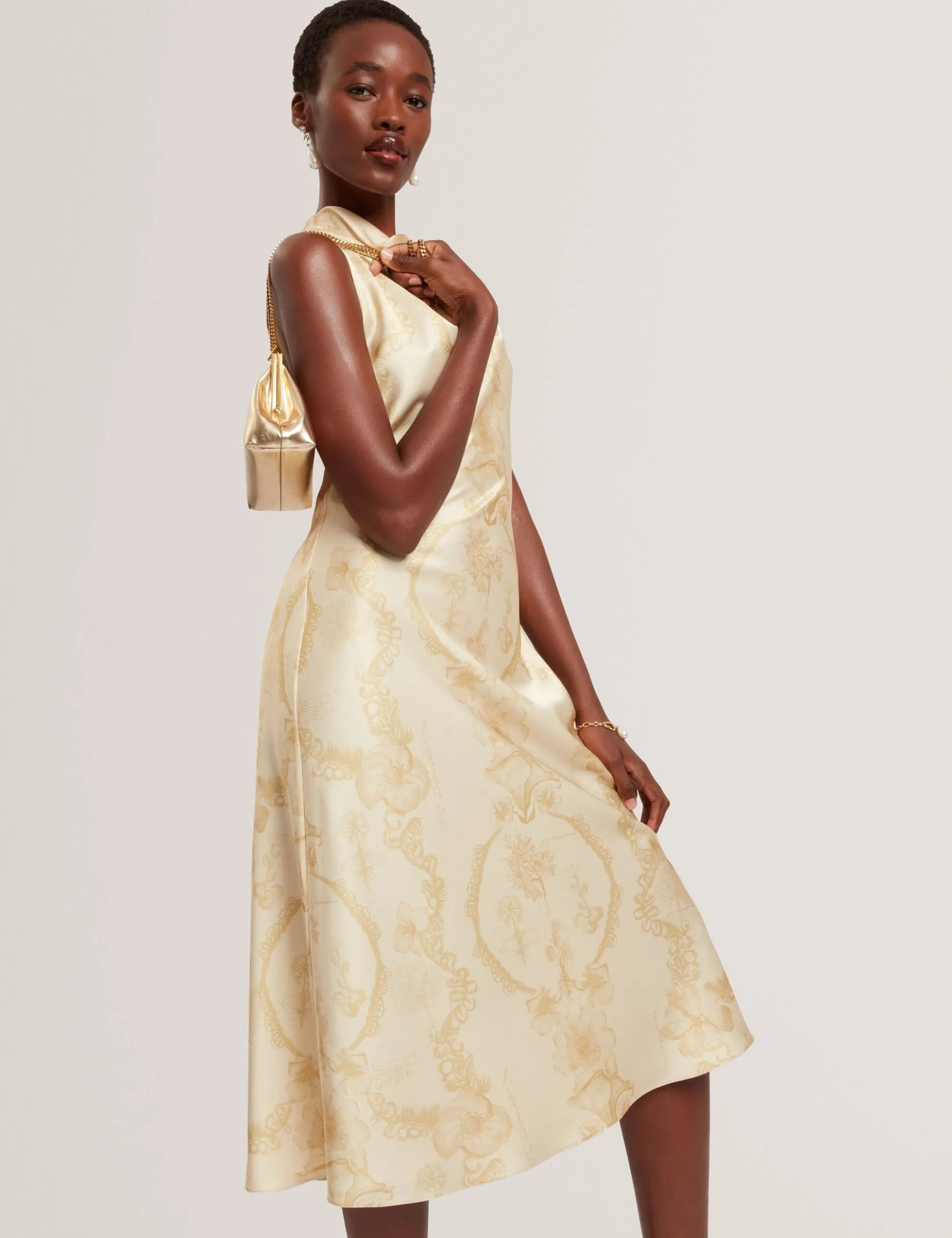 Satin-Midikleid mit Spitzenprint, Wasserfallausschnitt und Spitzenbedruckung