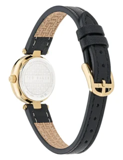 Schmuckbesetzte Gold- und schwarze Lederuhr