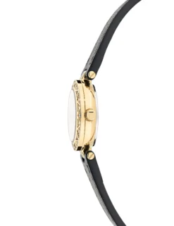 Schmuckbesetzte Gold- und schwarze Lederuhr