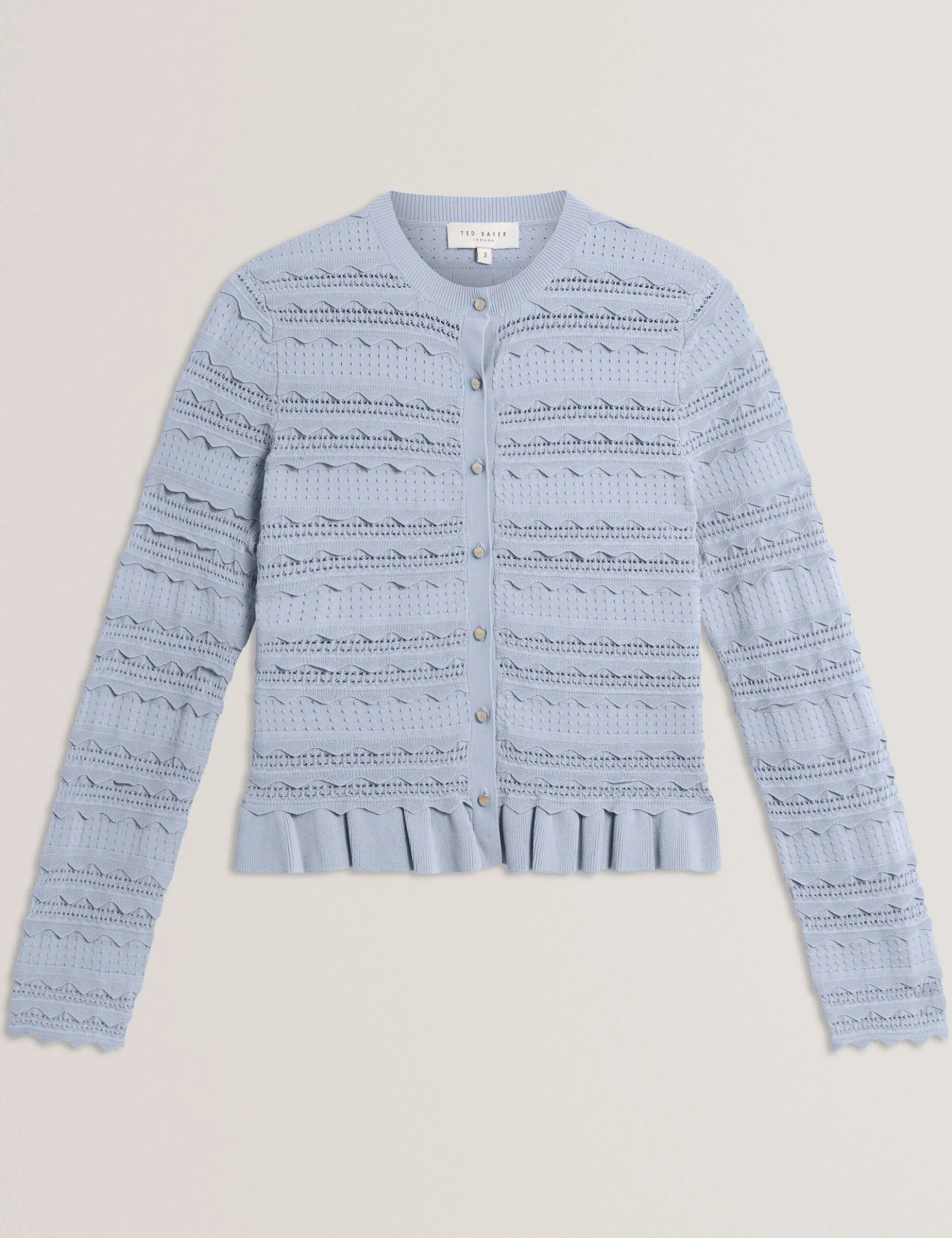 Strickjacke mit Rüschensaum und Rundhalsausschnitt