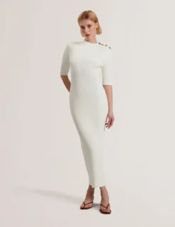 Strickkleid mit Rosenknopf, figurbetont, Midi-Länge