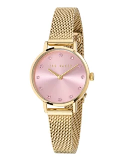 Uhr mit Kristallzifferblatt, rosa und goldfarbenem Mesh-Gewebe