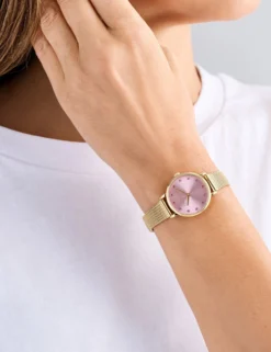 Uhr mit Kristallzifferblatt, rosa und goldfarbenem Mesh-Gewebe