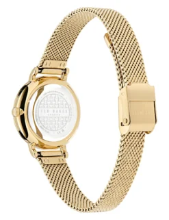 Uhr mit Kristallzifferblatt, rosa und goldfarbenem Mesh-Gewebe