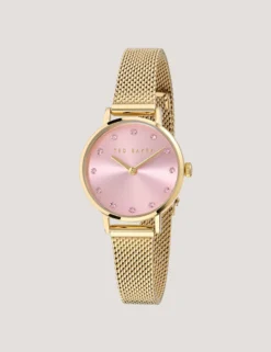 Uhr mit Kristallzifferblatt, rosa und goldfarbenem Mesh-Gewebe